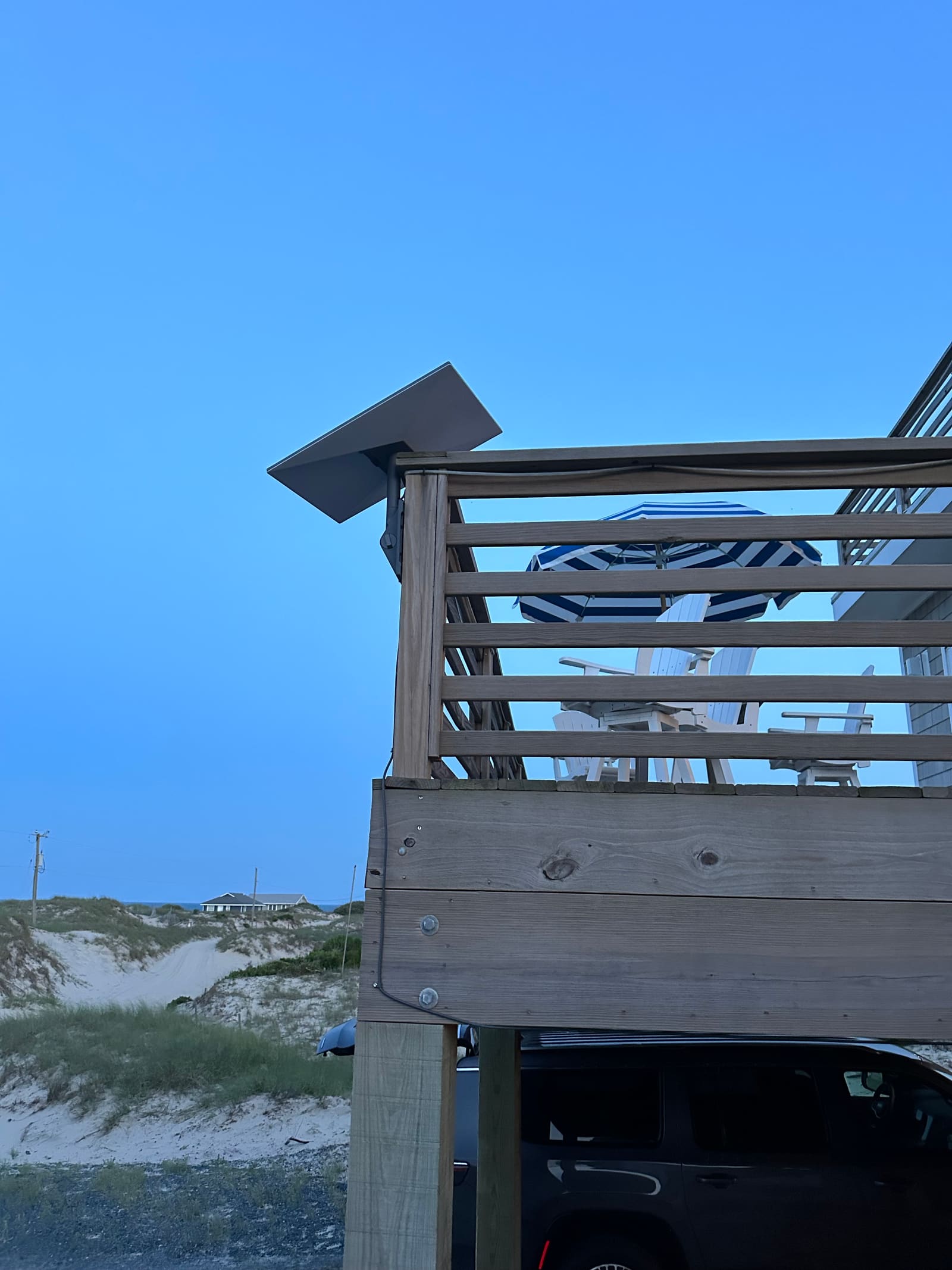 Security camera on a dune-side beach house deck